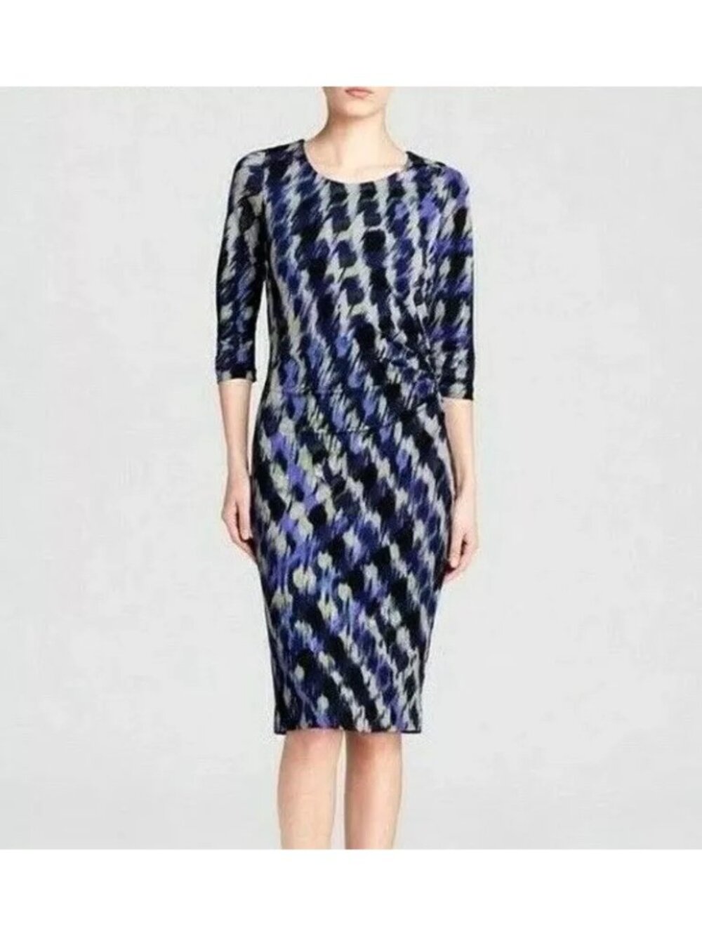 Hugo Boss Size L Blue Black Abstract Print 3/4 Sleeve Ruched Sheath Dress